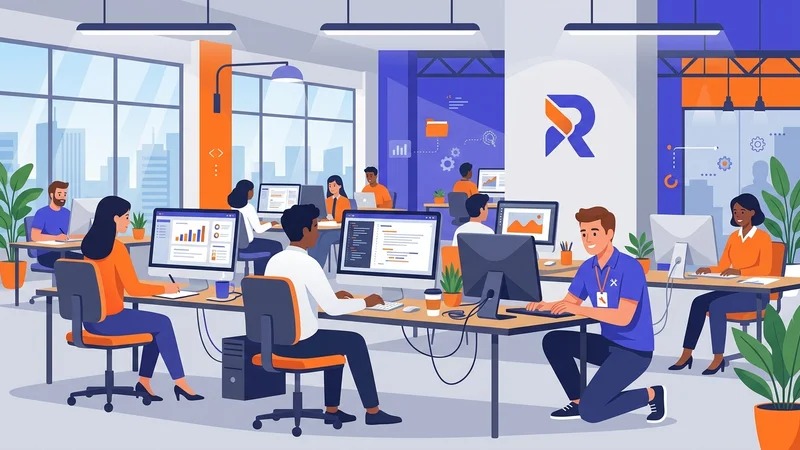 Busy office with employees working at computers while a support technician resolves technical issues