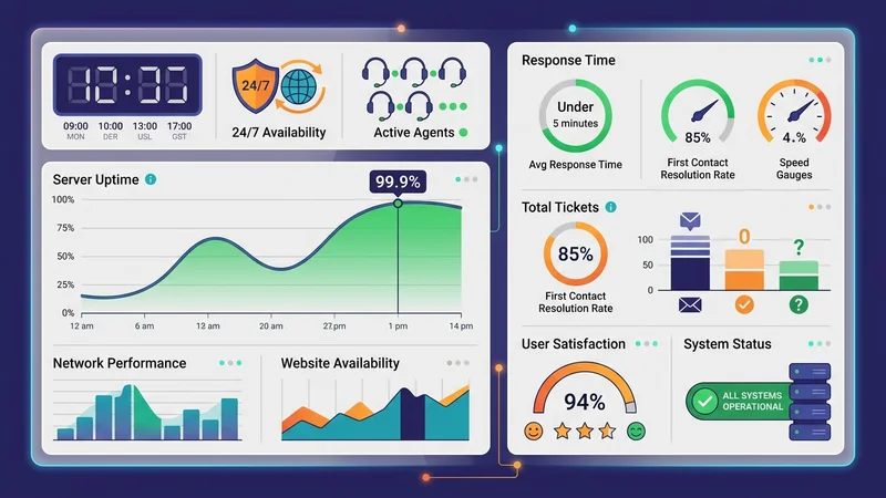 Dashboard showing real-time IT support metrics with uptime graphs and response time indicators