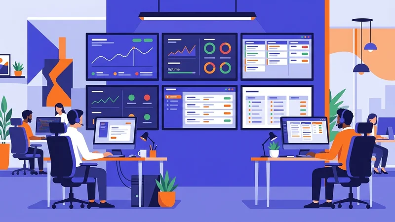 Helpdesk team monitoring multiple screens displaying network status and open support tickets