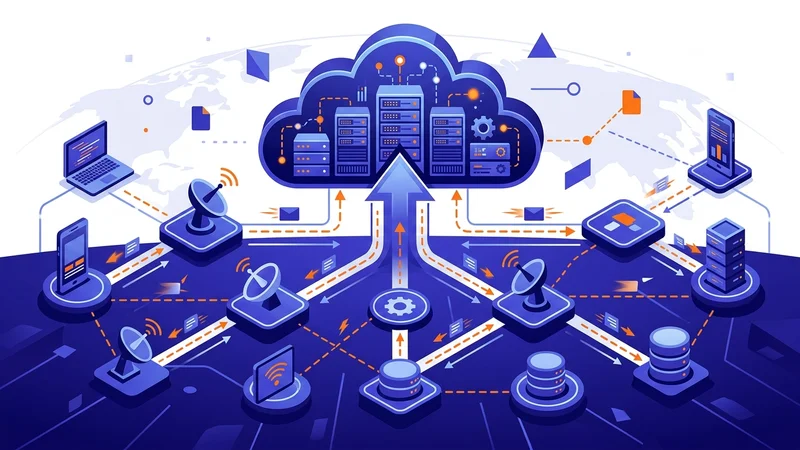 Cloud server infrastructure with data flowing between connected network nodes
