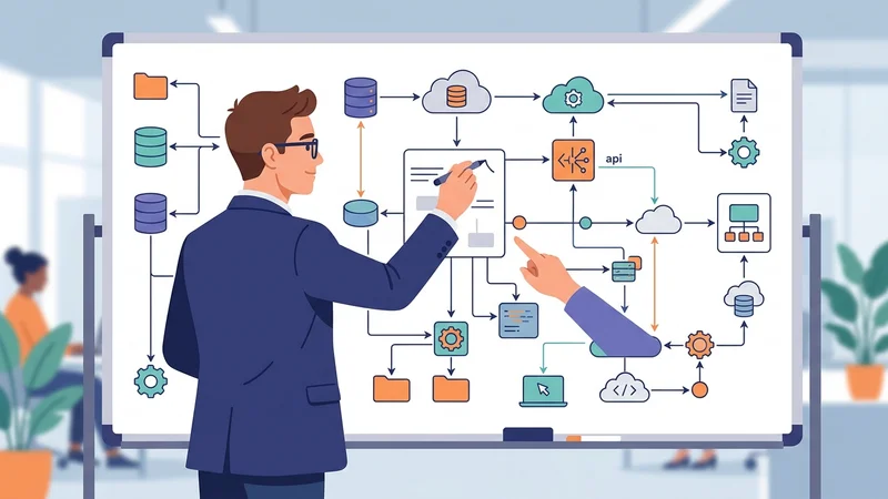 Developer promoted to leadership stands before whiteboard mapping complex system architecture