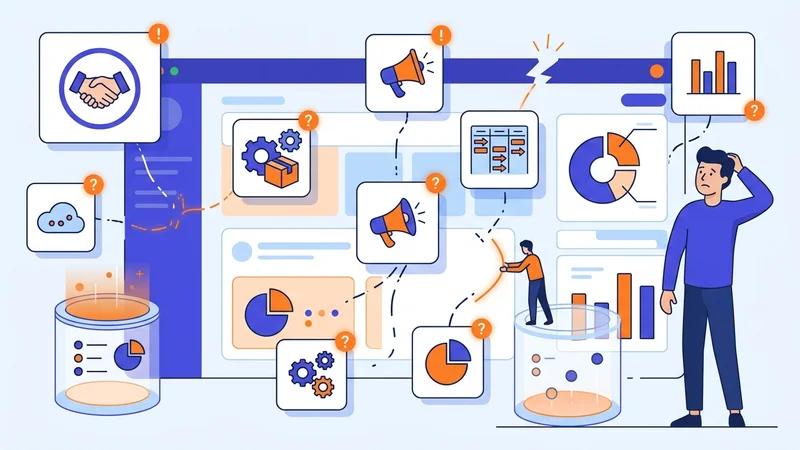 Disconnected business software icons scattered across dashboard showing fragmented data silos