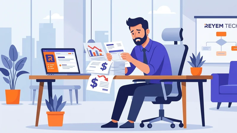 Frustrated business owner reviews mounting invoices from outsourced software development vendor