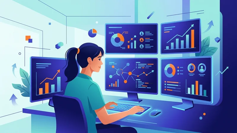 Business analyst reviewing customer feedback data and audience insights on multiple screens