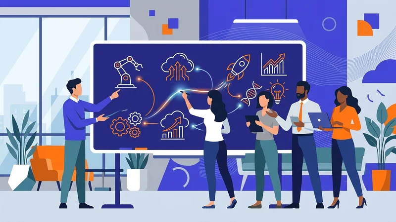 Team brainstorming innovative ideas around a whiteboard with emerging technology concepts