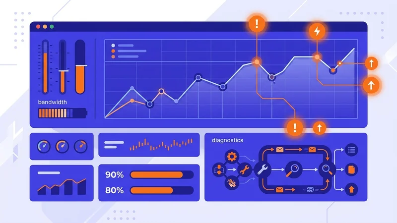 Dashboard monitoring network performance metrics with real-time alerts and diagnostics