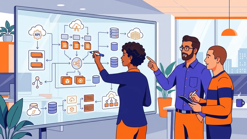 Engineers collaborating around a whiteboard mapping out cloud infrastructure strategy components