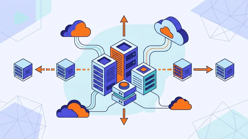 Horizontal and vertical scaling arrows connecting interconnected server nodes and cloud services