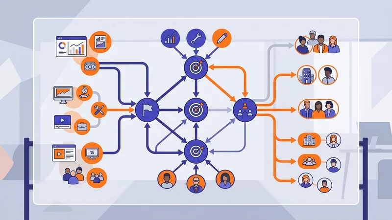 Strategic planning board with connected goals, resources, and stakeholder pathways mapped out