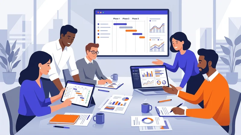 Team members collaborating around a table reviewing campaign execution milestones and metrics