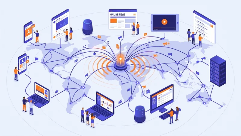 Digital network connecting devices and platforms spreading campaign messaging across global audiences