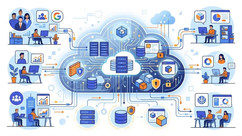 Public cloud model diagram showing shared resources across multiple business users