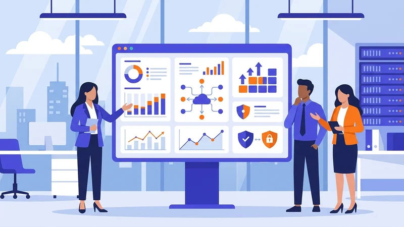 Business professionals reviewing cloud architecture benefits on a digital dashboard display