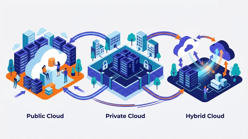 Public private and hybrid cloud deployment models showing interconnected data centers