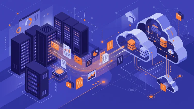 Business data flowing between servers and cloud platforms showing digital transformation