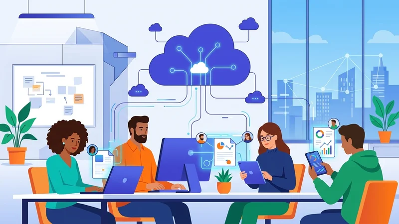 Team collaborating on shared cloud documents across multiple connected devices