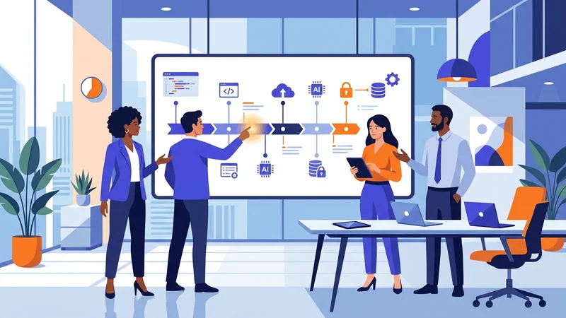 Business team reviewing technology roadmap on digital whiteboard in modern office
