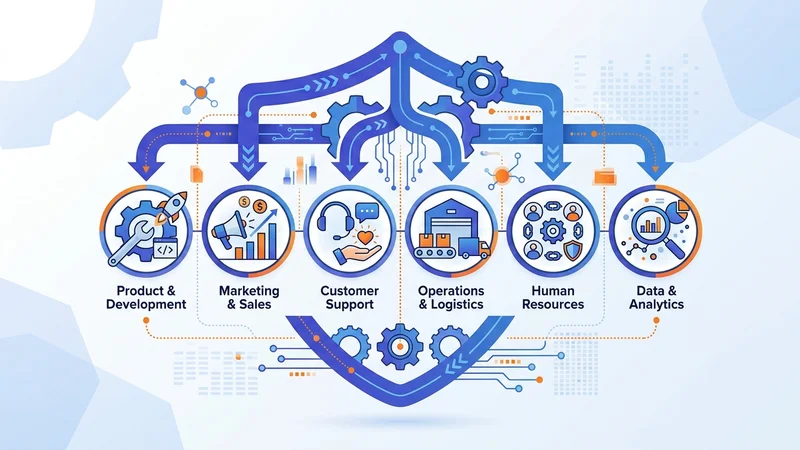 Interconnected department icons aligned under unified corporate technology strategy framework