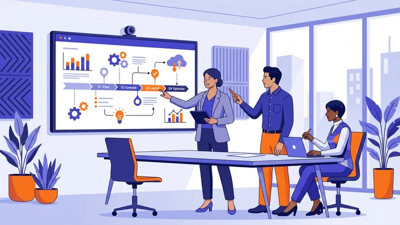 Business professionals reviewing a digital strategy roadmap on a conference room display