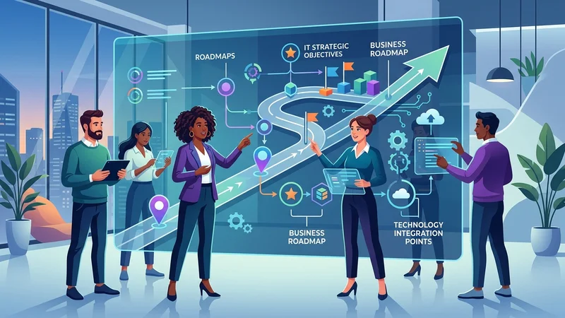Team mapping IT strategic objectives onto a business roadmap with milestone markers and technology integration points