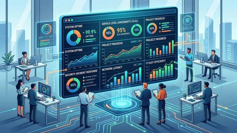 Dashboard displaying IT performance metrics and KPIs with continuous monitoring feedback loops across departments