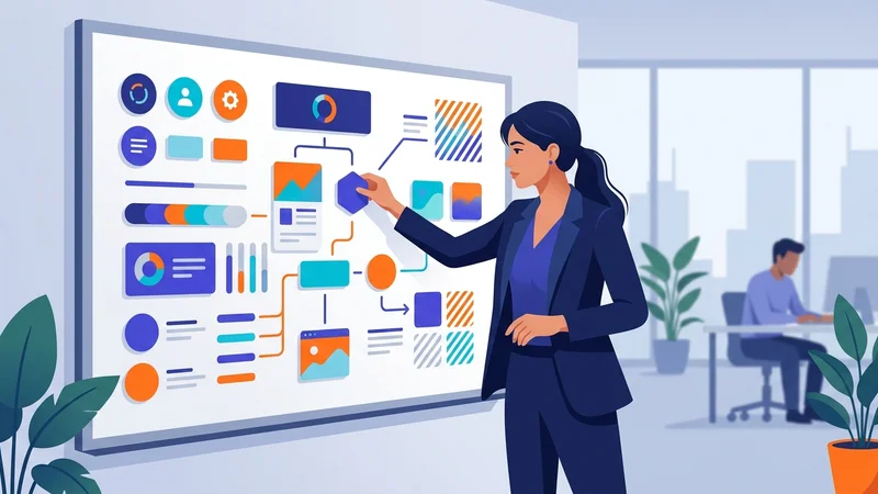 Business professional arranging colorful brand identity elements on a strategy board