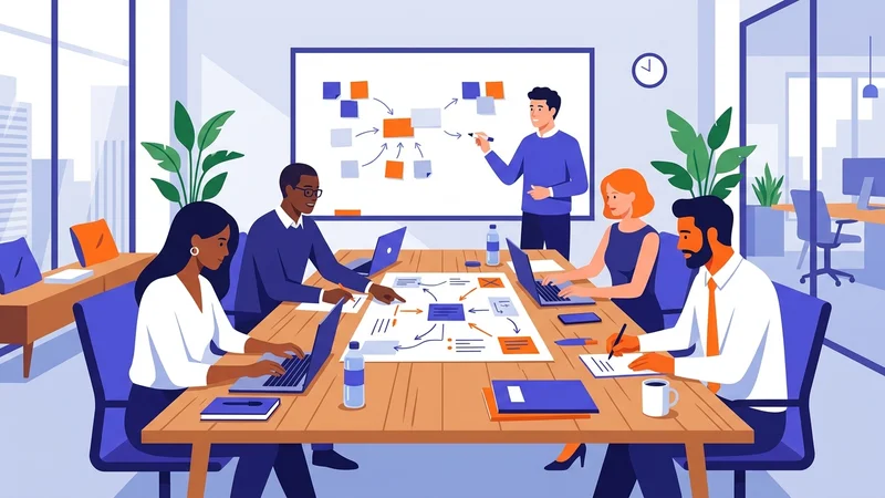 Marketing team drafting a brand positioning statement document around a conference table