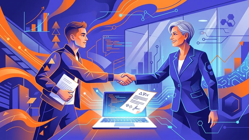Startup founder shaking hands with experienced technology executive over laptop and contract documents in modern office