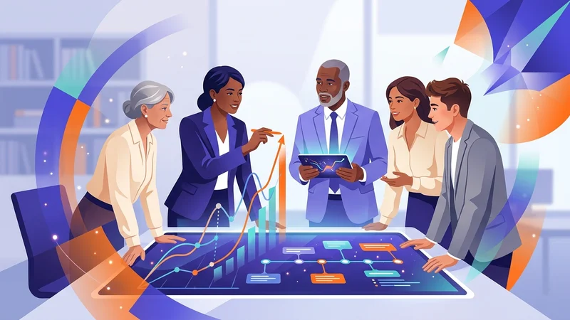 Diverse business team reviewing growth charts and digital roadmap on glowing screen during strategic planning session