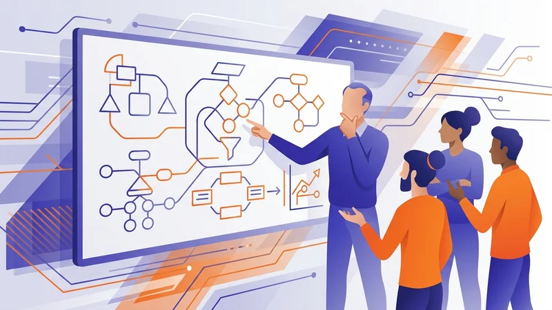 Senior technology leader mentoring developers around whiteboard filled with architecture diagrams and project milestones