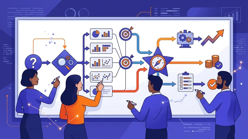 Team collaborating around a whiteboard mapping out strategic problem-solving steps