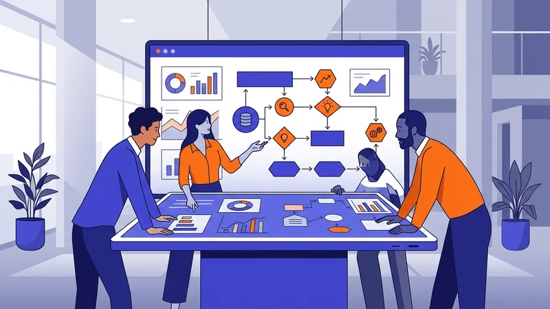 Employees gathered around data visualizations discussing strategy in a collaborative workspace