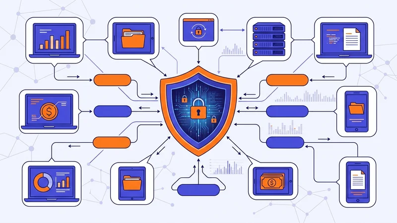 Digital shield icon protecting sensitive business data across connected network devices