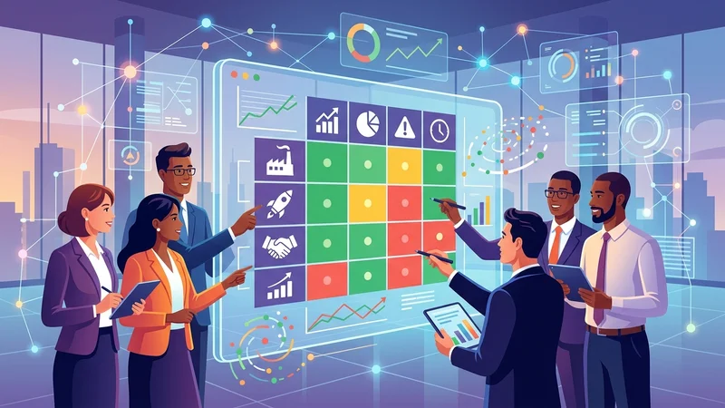 Leaders weighing multiple strategic options on a digital decision matrix with data-driven indicators