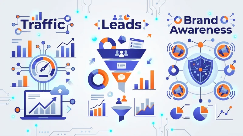 Marketing strategy dashboard showing goals for traffic leads and brand awareness