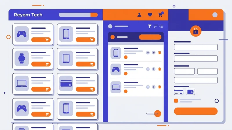 Online storefront interface showing product listings, shopping cart, and secure checkout page