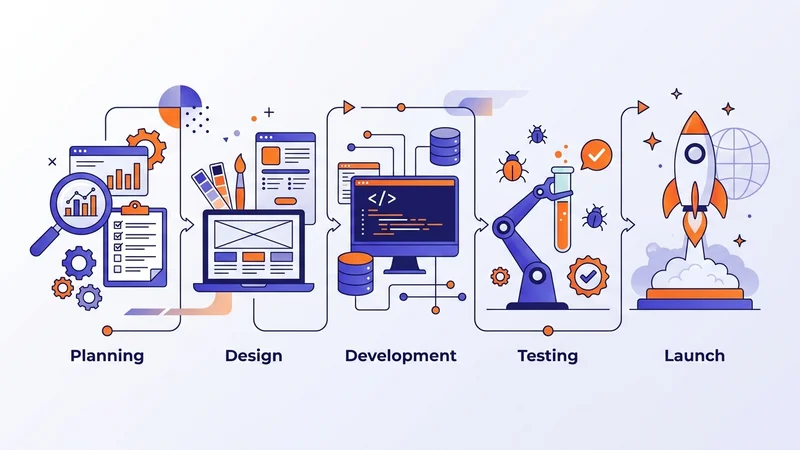 Step-by-step workflow diagram mapping the e-commerce website development process from planning to launch