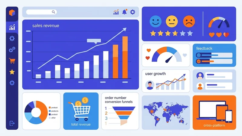 Dashboard displaying e-commerce growth metrics including sales revenue and customer satisfaction scores
