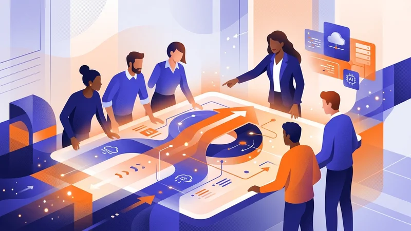 Confident IT executive guiding diverse team through strategic technology roadmap on glowing digital interface