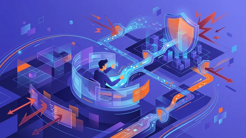 Security operations analyst monitoring threat dashboards with shield icons defending corporate network from cyberattacks