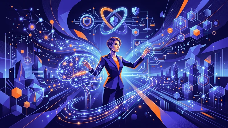 Forward-thinking technology leader exploring AI neural networks and ethical data governance in futuristic workspace