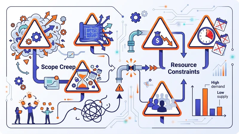 Warning signs highlighting scope creep and resource constraints in project workflow