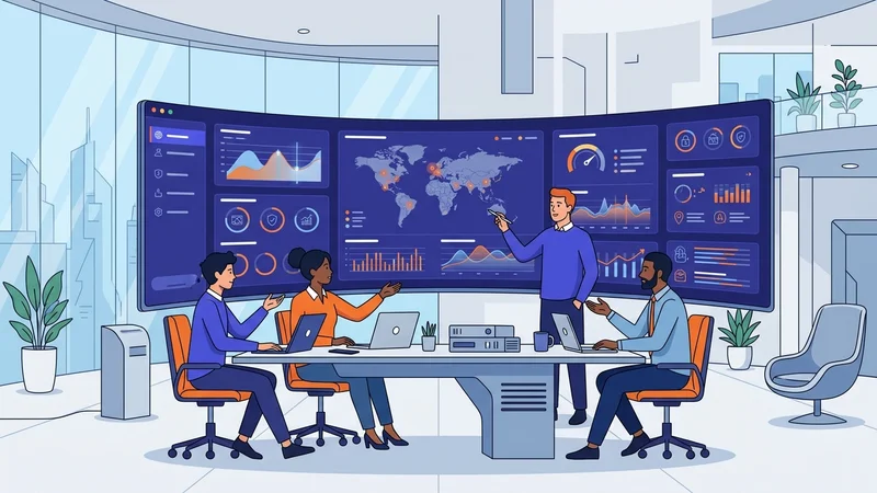 Business team analyzing digital security threats on dashboard screens in modern office