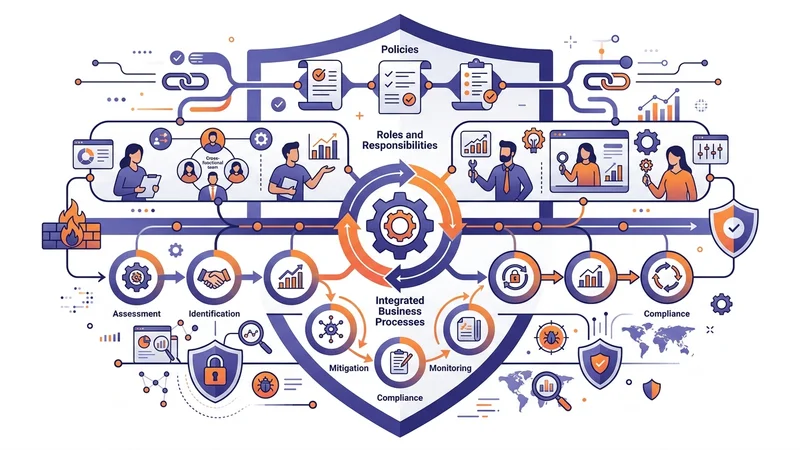 Structured IT risk management framework diagram showing policies roles and integrated business processes
