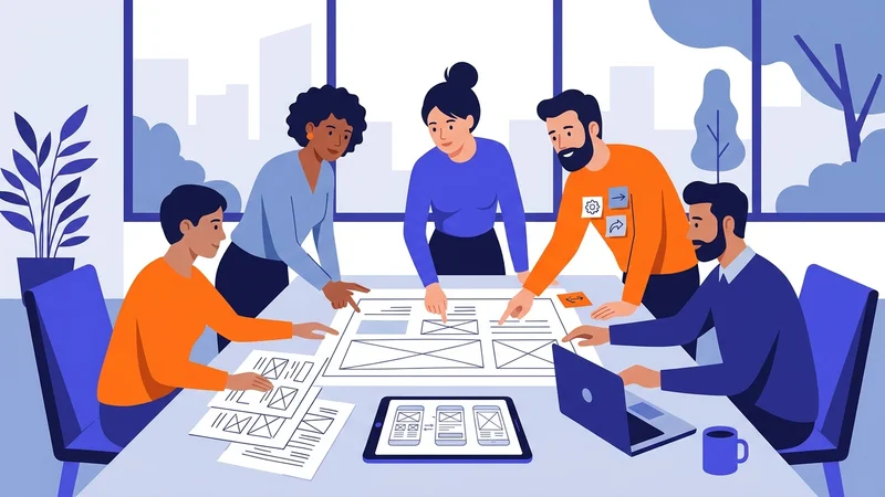 Web design team collaborating over wireframes and layout sketches at a desk