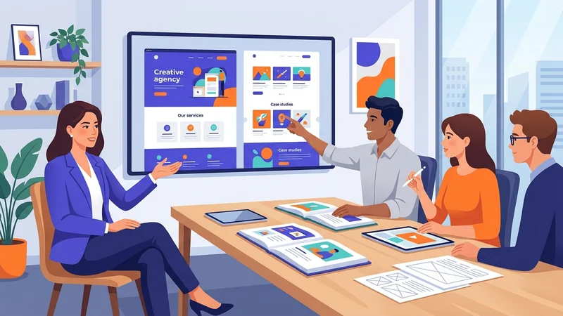 Client interviewing a web design agency while reviewing portfolio samples together