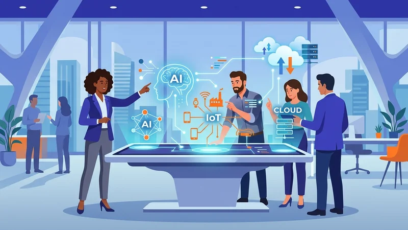 Business professionals collaborating around holographic displays showing AI, IoT, and cloud integrations