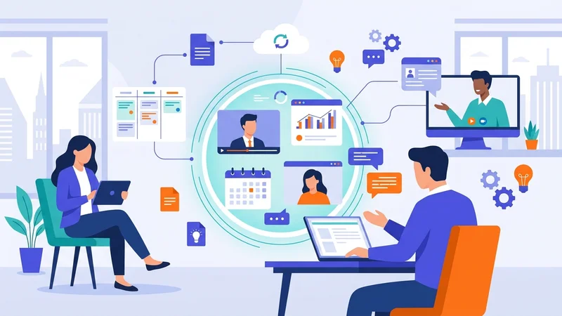 Digital collaboration tools connecting distributed team members through screens and shared platforms