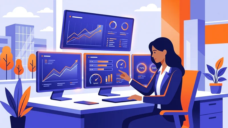 Business professional monitoring IT system dashboards showing network speed and server performance metrics