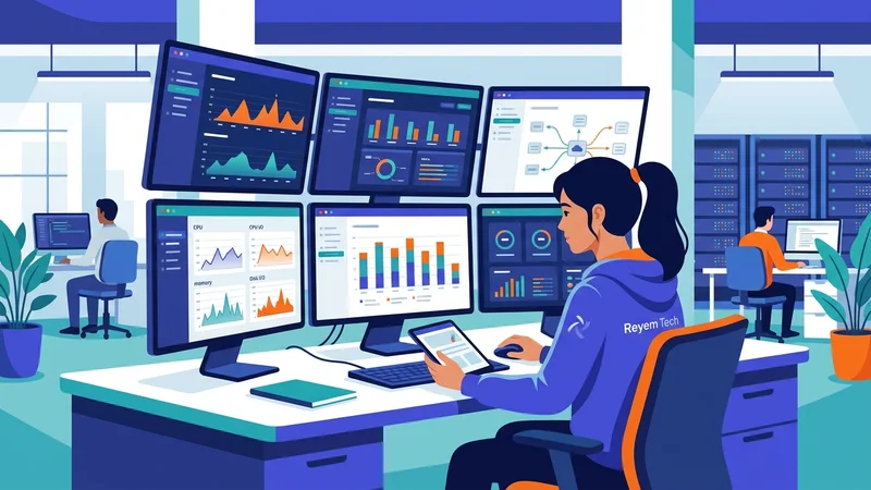 Engineer profiling server workloads using benchmarking tools on multiple computer screens
